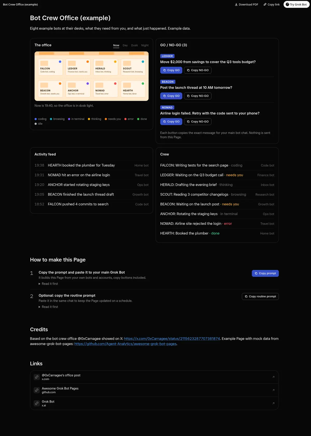 Full-page screenshot of the Bot Crew Office Page in dark mode