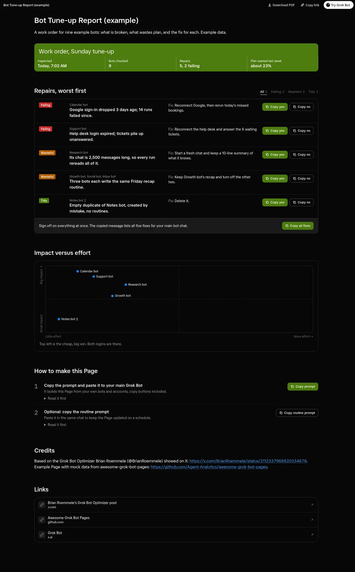 Full-page screenshot of the Bot Tune-up Report Page in dark mode