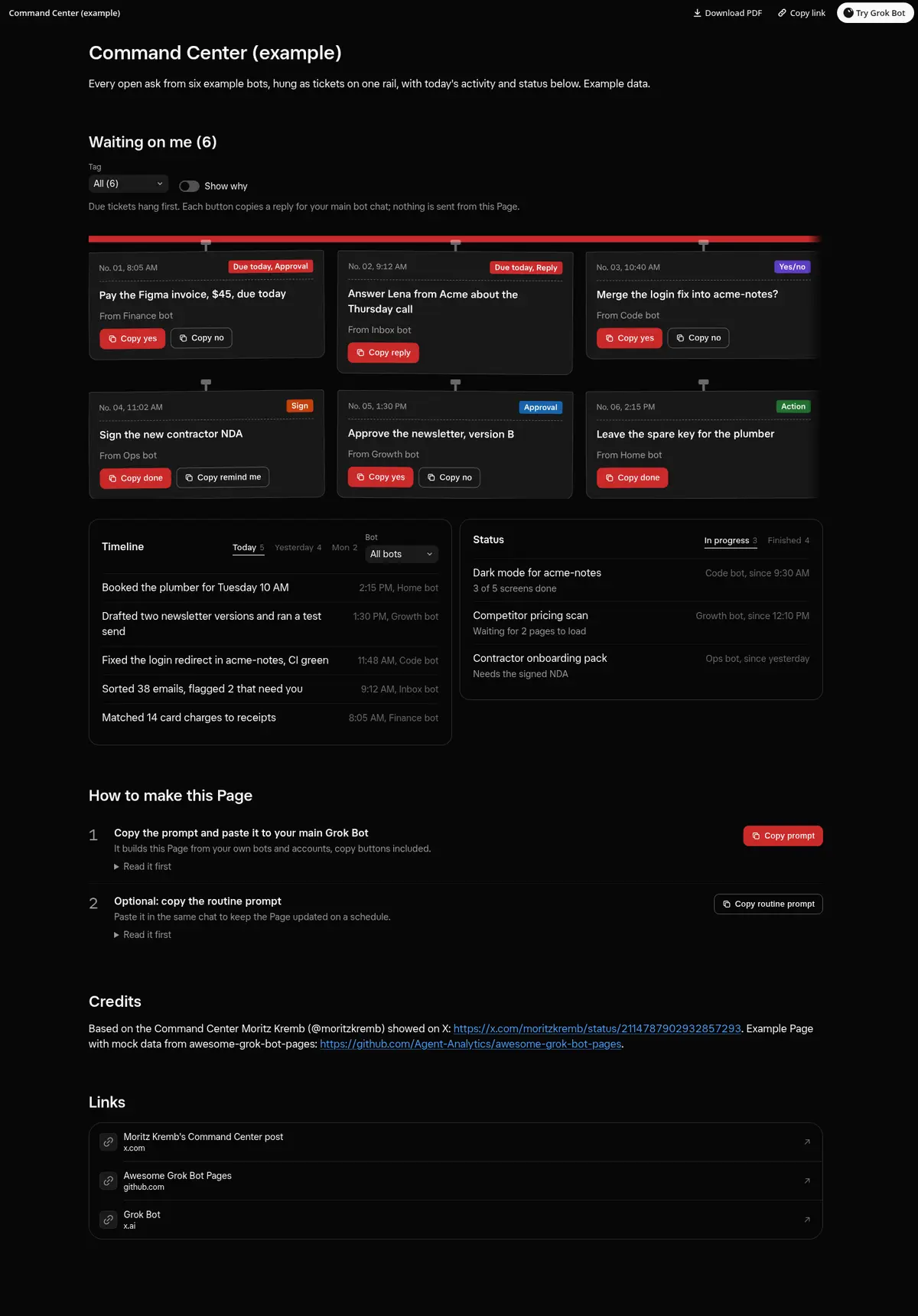 Full-page screenshot of the Command Center Page in dark mode
