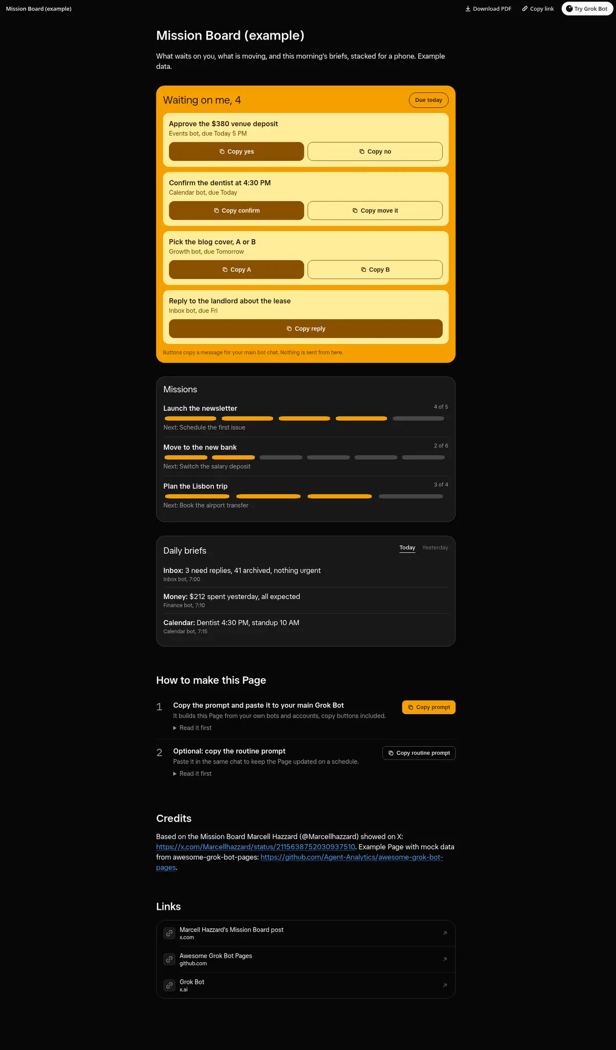 Full-page screenshot of the Mission Board Page in dark mode