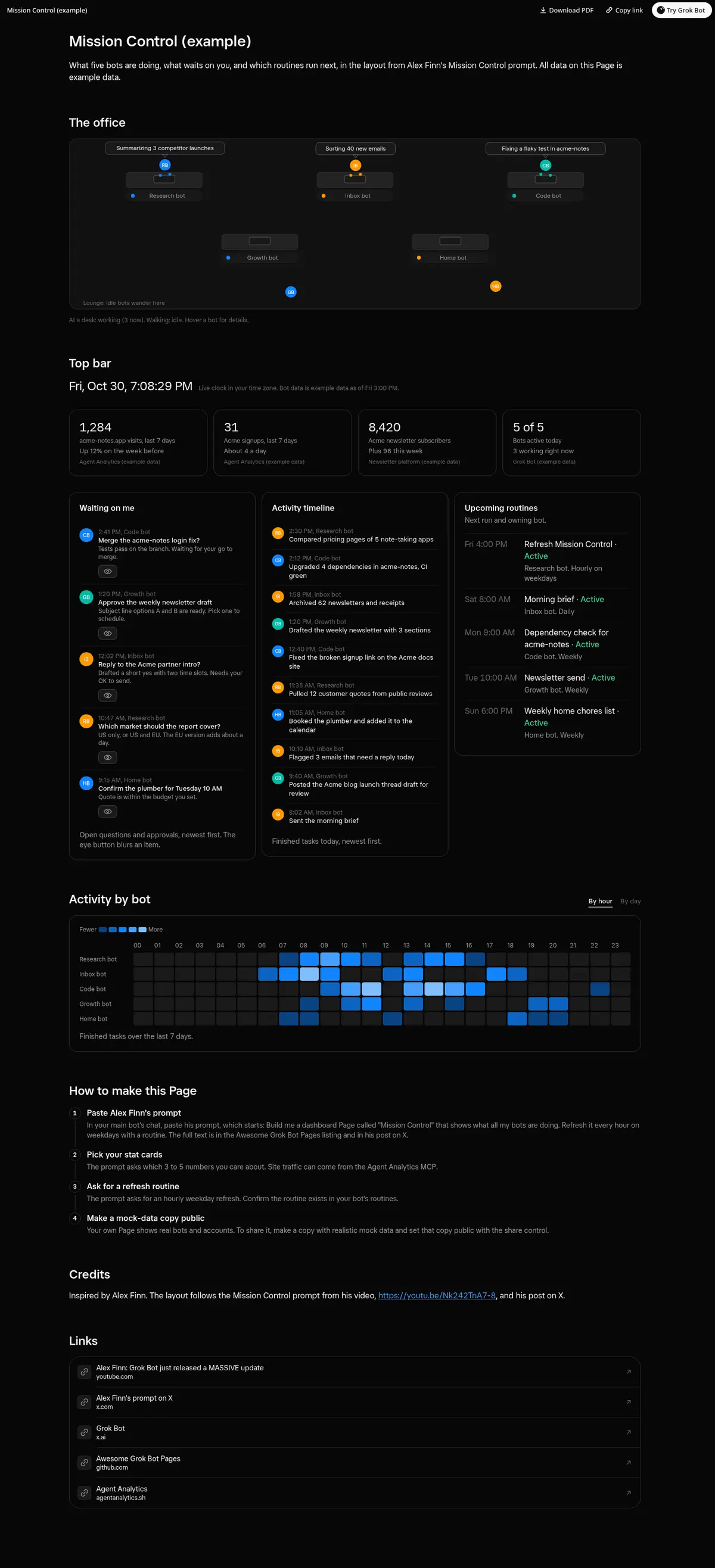 Full-page screenshot of the Mission Control Page in dark mode