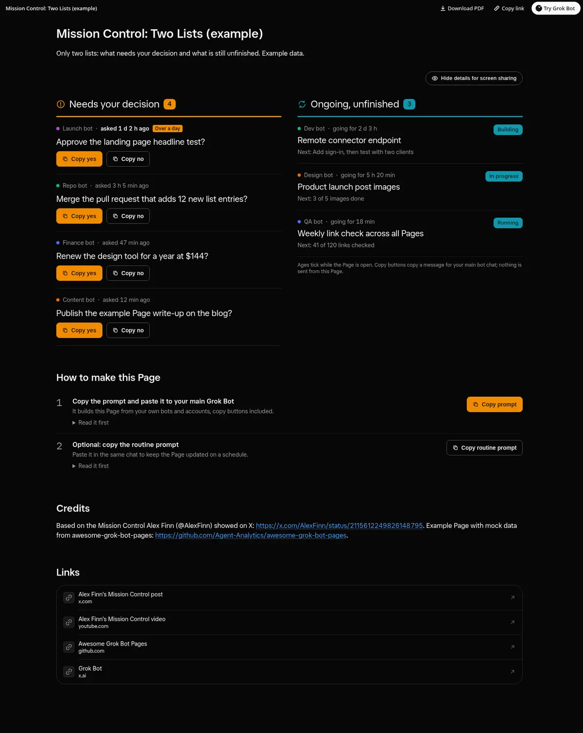 Full-page screenshot of the Mission Control: Two Lists Page in dark mode