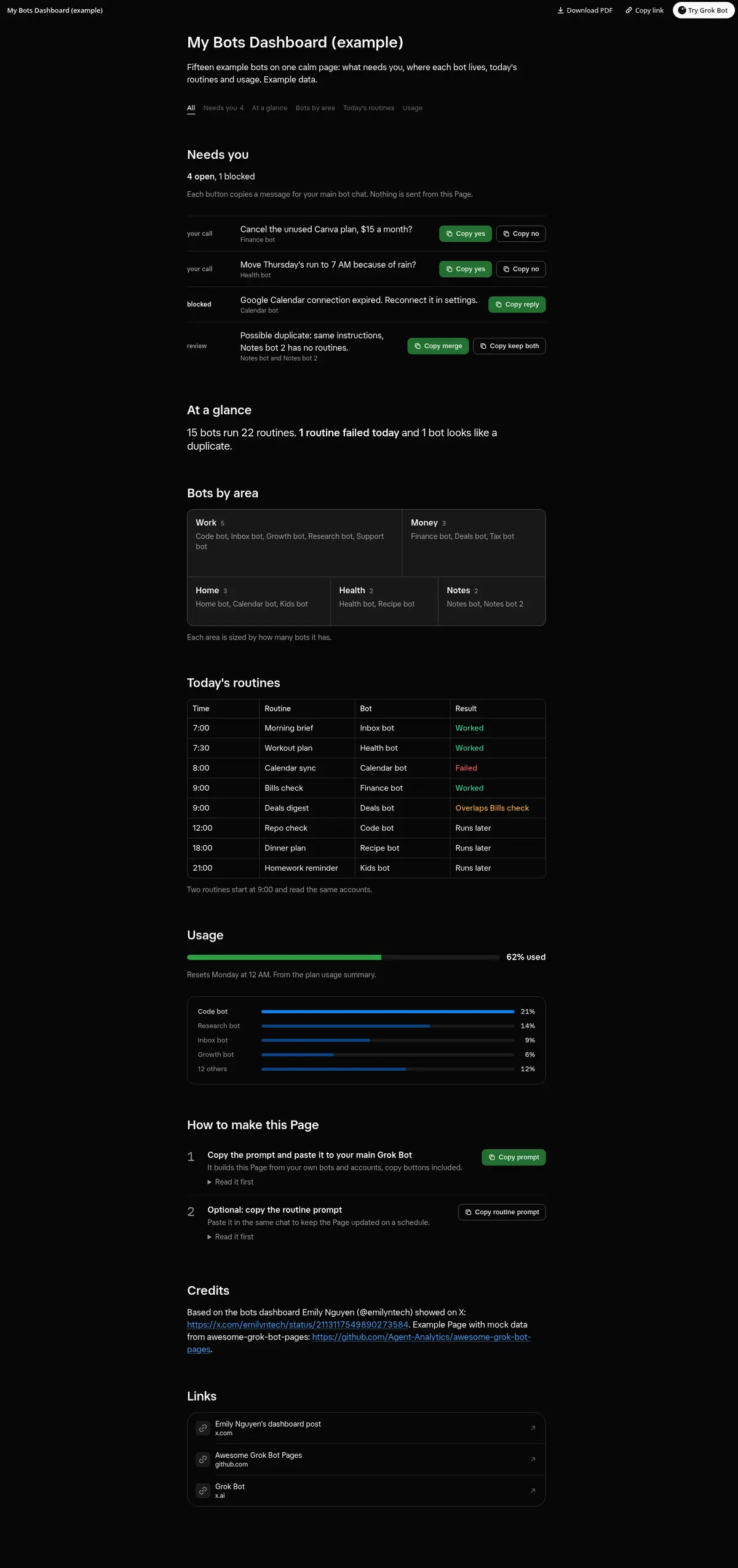 Full-page screenshot of the My Bots Dashboard Page in dark mode