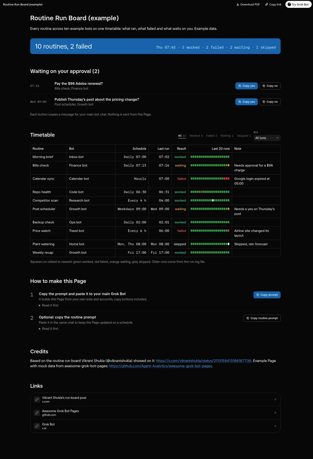 Full-page screenshot of the Routine Run Board Page in dark mode